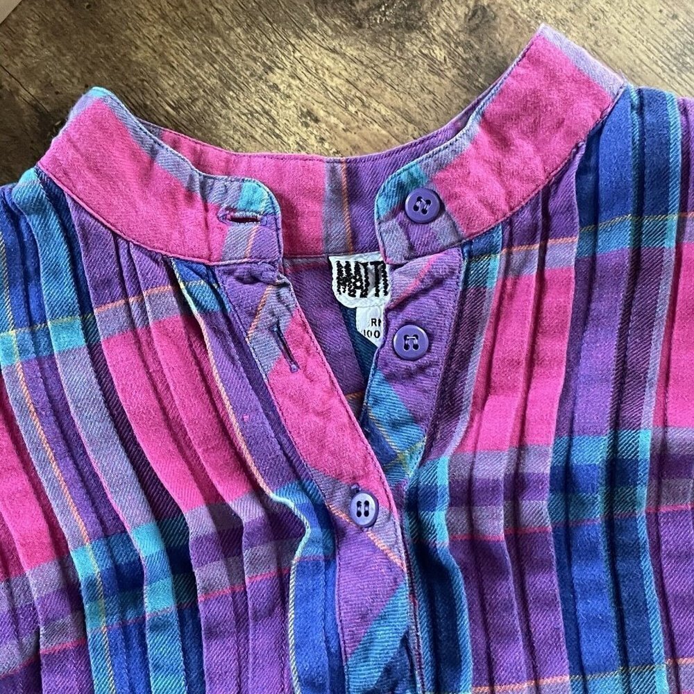 Matti Sport Vintage 1980s Cottagecore Midi Dress Flannel Plaid Puff Sleeve Sz 8 - Picture 9 of 10